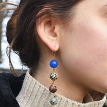 Load image into Gallery viewer, Blue Aventurine, Dalmatian Jasper, Mookaite and Sesame Jasper Yellow gold vermeil or 18k gold earrings | by nlanlaVictory
